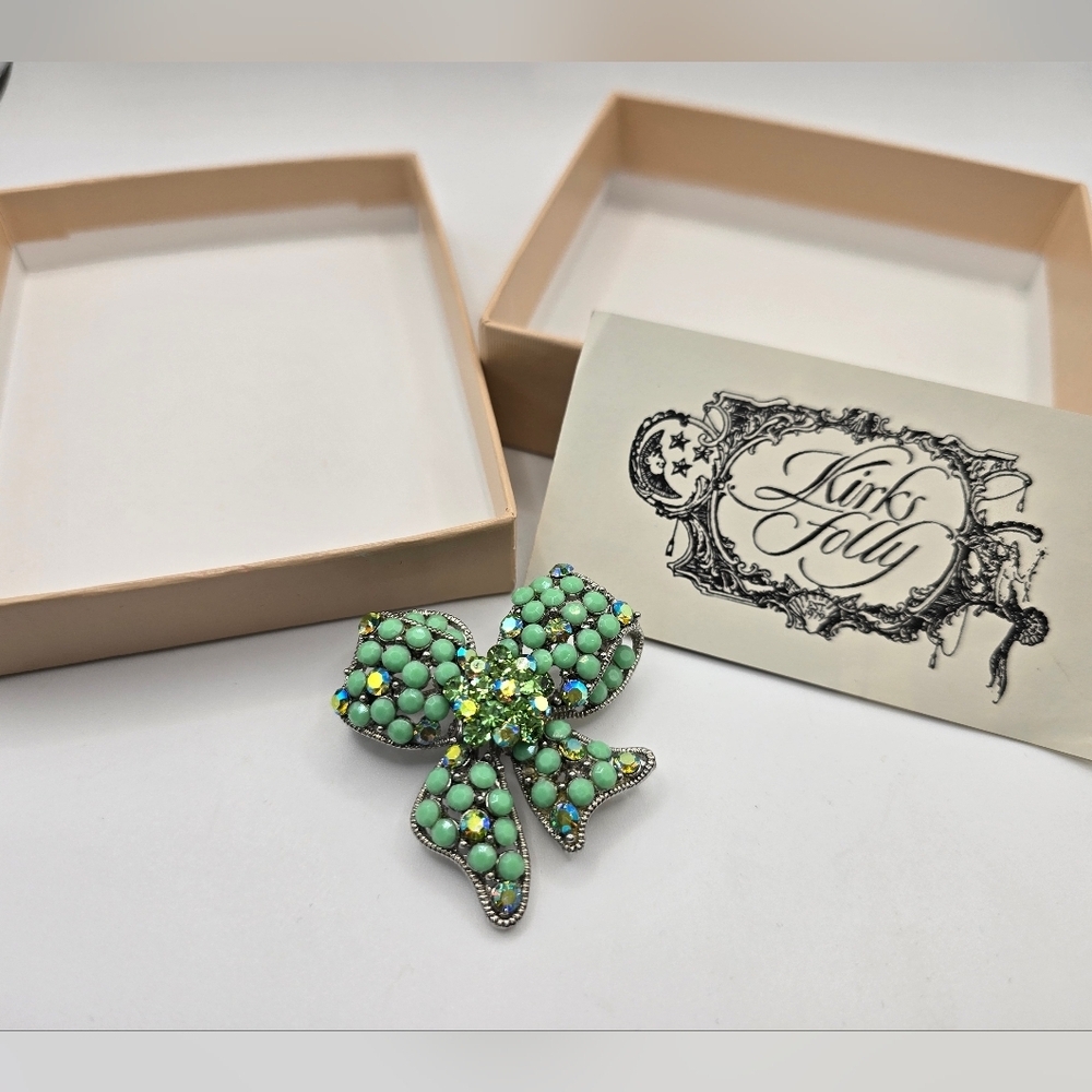 Kirks Folly Green Bow Brooch With Box And Card